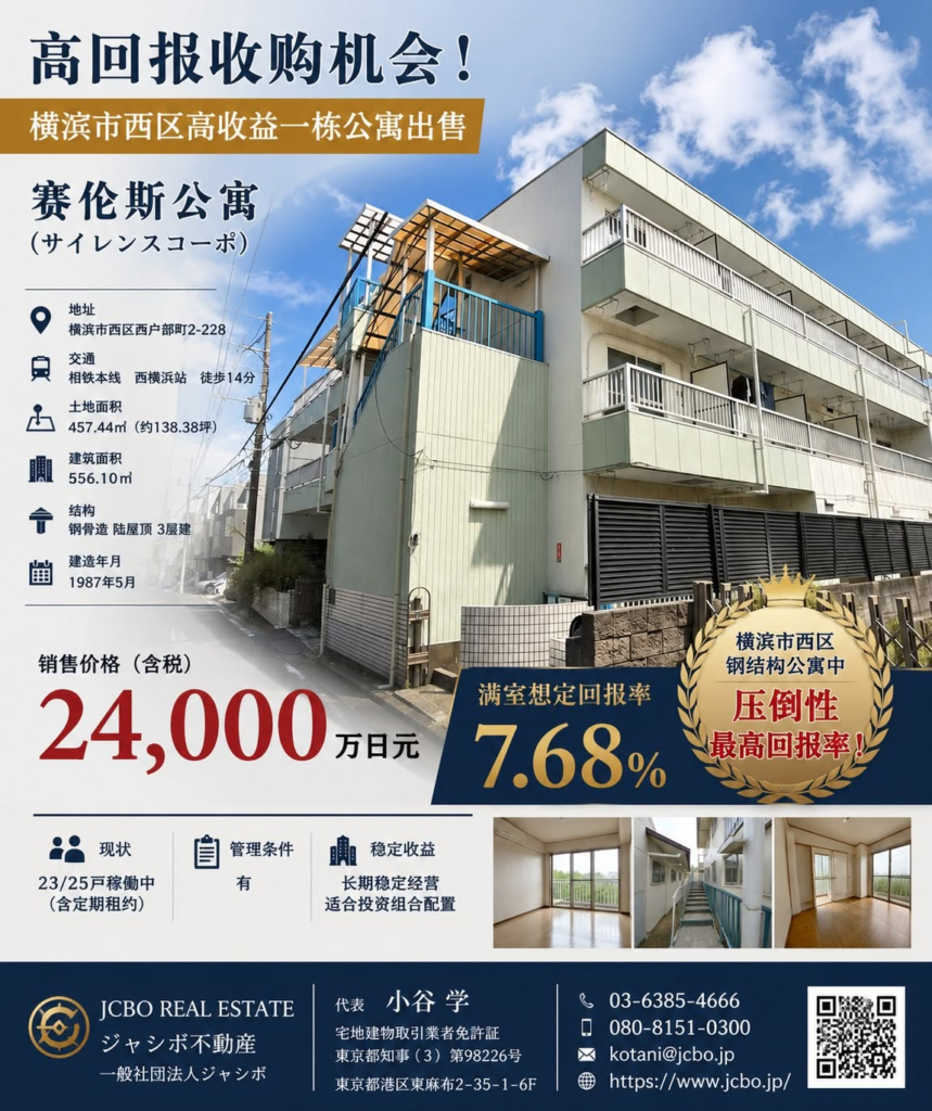 横滨市西区｜高回报整栋公寓投资项目｜满租回报率7.68%｜ジャシボ不動産
