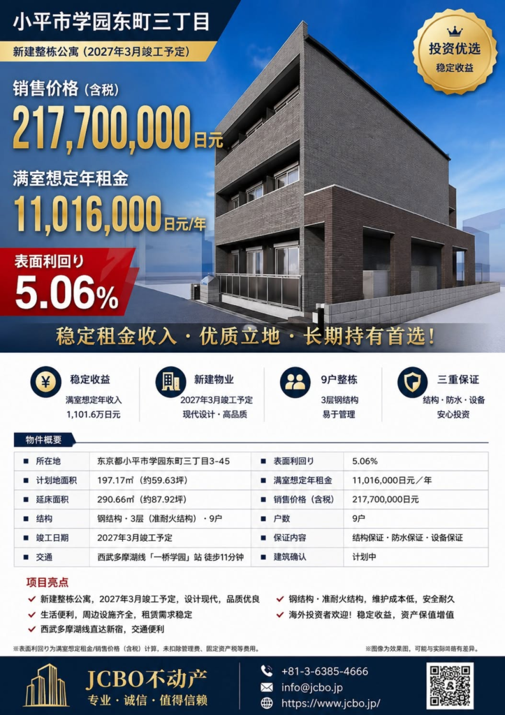 东京投资新机遇｜小平市新建整栋公寓，5.06%稳定收益｜ジャシボ不動産